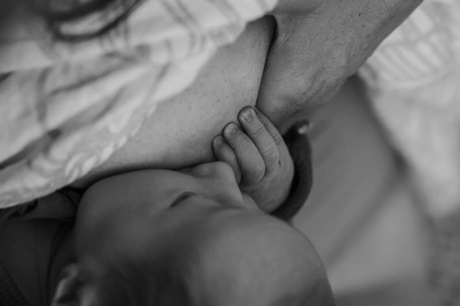 Black and white detail of a newborn's hands and feet