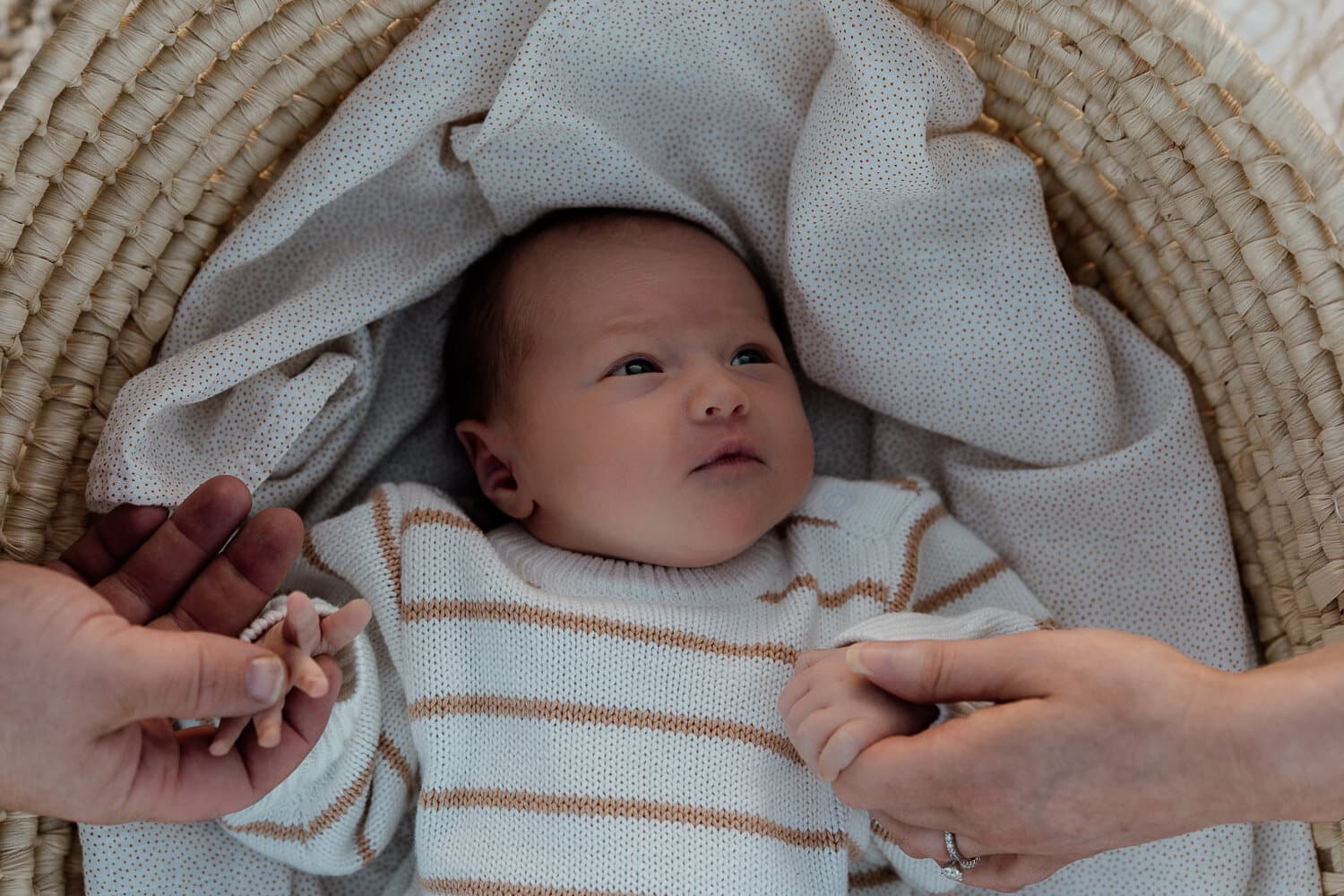Close-up of a newborn awake in a basket