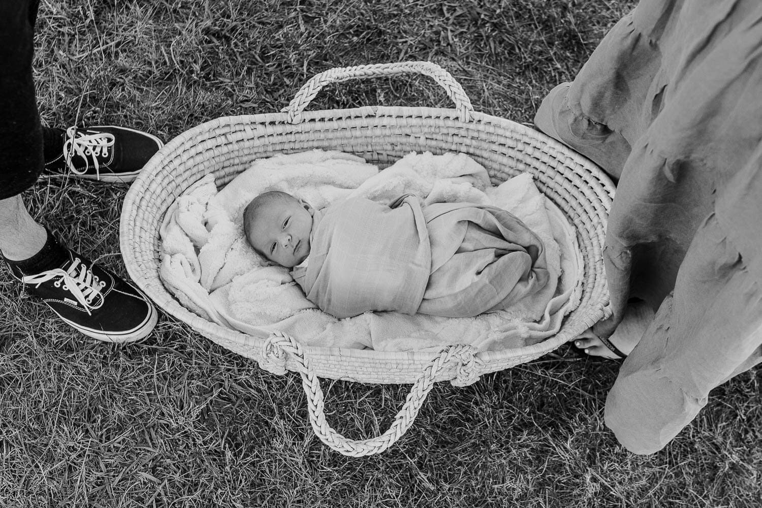 Black and white overhead frame of a newborn settled in a basket