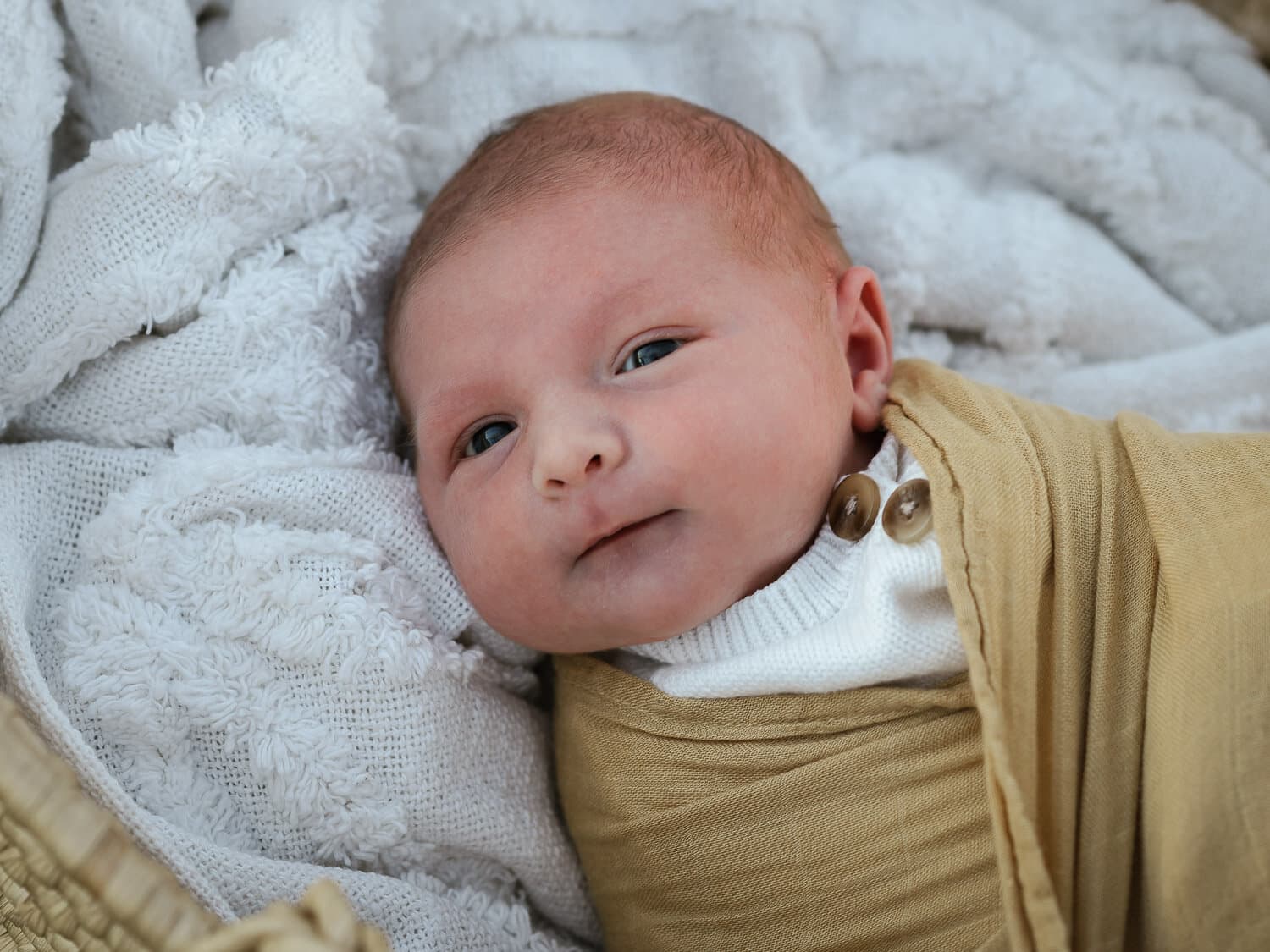 Newborn wrapped in a soft swaddle during a natural newborn session in Sydney