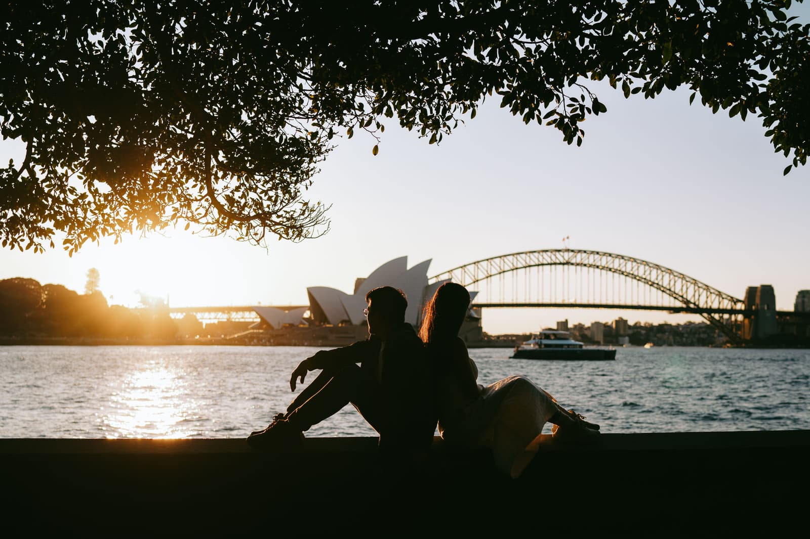 Couple silhouetted beneath a tree with the Opera House and Harbour Bridge behind